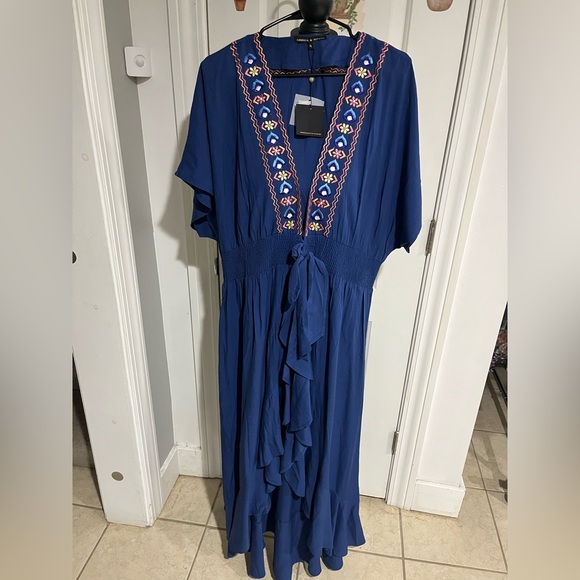 America & Beyond Embroidered Tie Waist Caftan Dress Navy Size XL - Picture 4 of 7